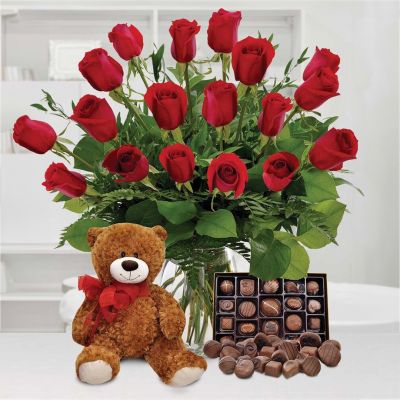 True Romantic 1 Dozen Roses - Bundle (includes chocolates, plush animal and balloon)