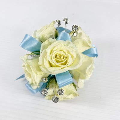 White Spray Rose Corsage With Blue Trim & Bracelet