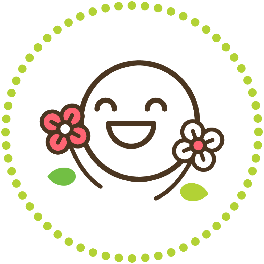 Computer graphic smiling face with flowers surrounding.