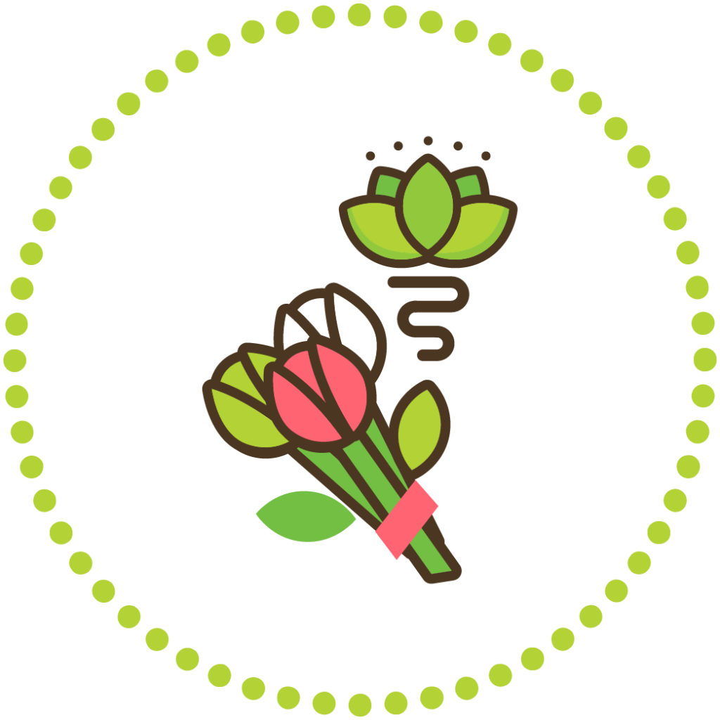 Computer graphic lotus flower symbolizing relaxation, next to a bouquet of flowers.