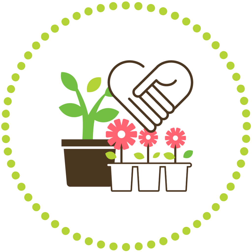 Computer graphic of potted plants and flowers next to a pair of holding hands, symbolizing intimate connections.