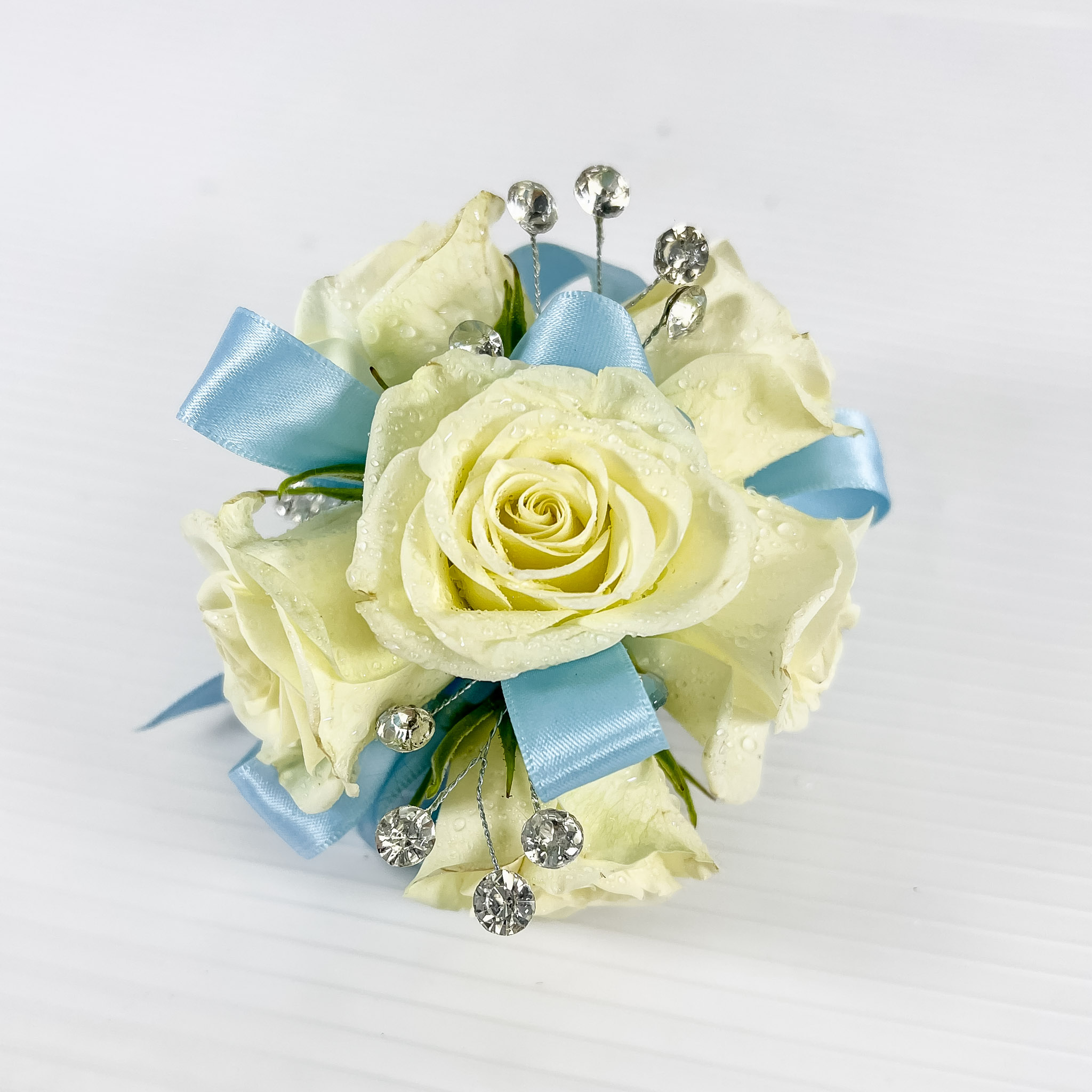 White Rose and Spray Rose Deep Blue Ribbon BC – Royal Flowers and Gallery