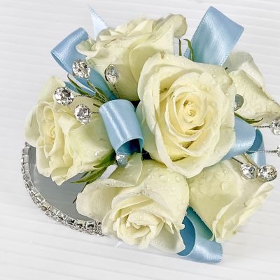 White Spray Rose Corsage With Blue Trim & Bracelet