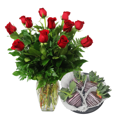 A Dozen Roses With Chocolate Covered Strawberries Delivery 2/13 & 2/14 Only 