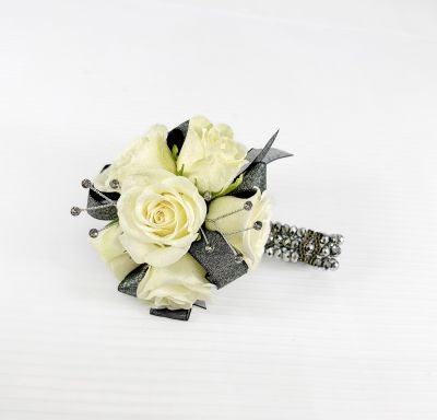 White Spray Rose Corsage With Black Trim & Bracelet