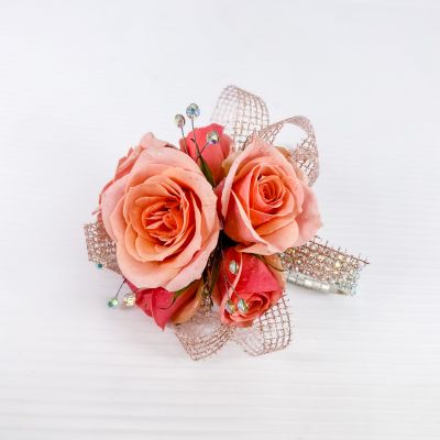 Coral Spray Rose Corsage & Bracelet