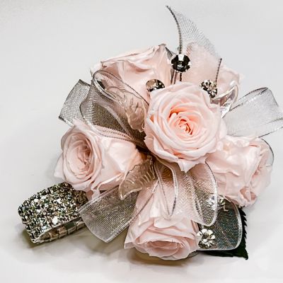 Pink Spray Rose Wrist Corsage With Iridescent Ribbon in Huntsville