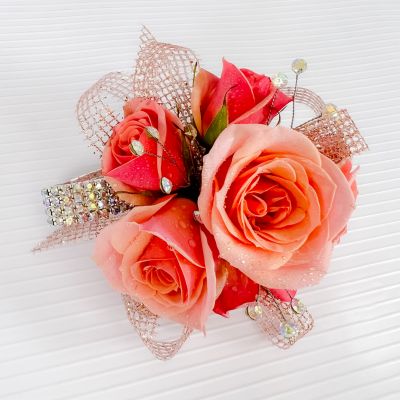 Coral Spray Rose Corsage & Bracelet