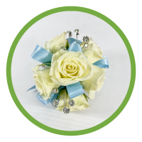 White Spray Rose Corsage With Blue Trim & Bracelet