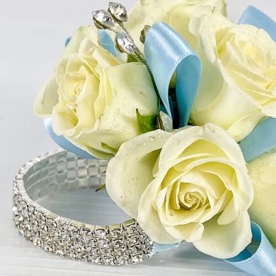 White Spray Rose Corsage With Blue Trim & Bracelet